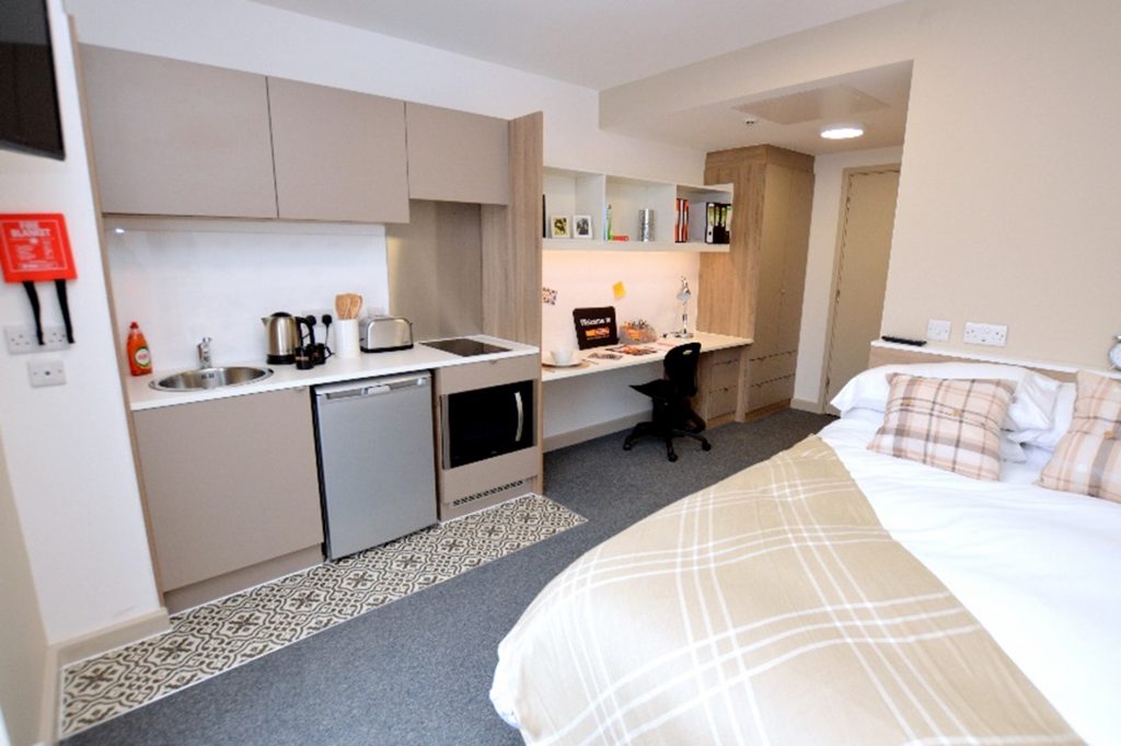 Kitchenette in studio flat in CityBlock's Lancaster student accommodation