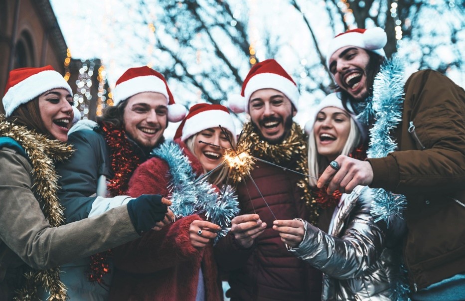 students wearing christmas hats