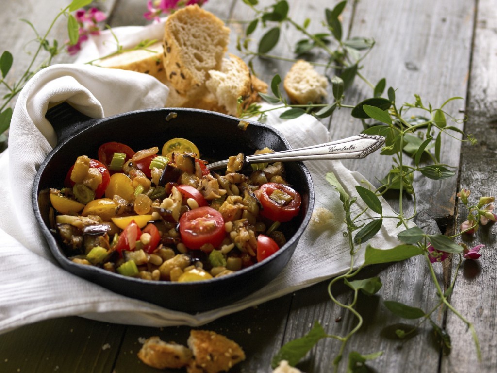 An Italian summer dish associated with Sicily, Caponata, with selective focus